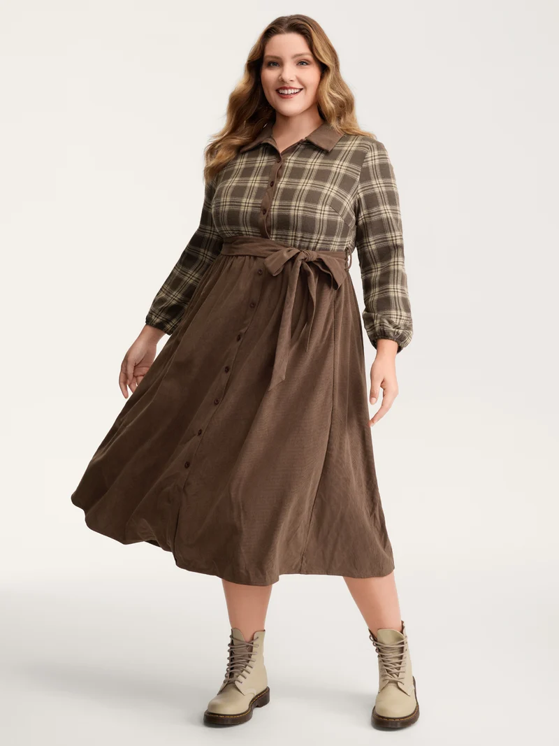 Plaid Pattern Contrast Waist-Tie Midi Dress
