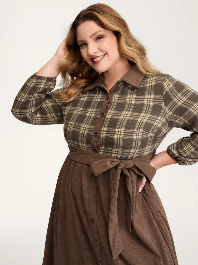Plaid Pattern Contrast Waist-Tie Midi Dress