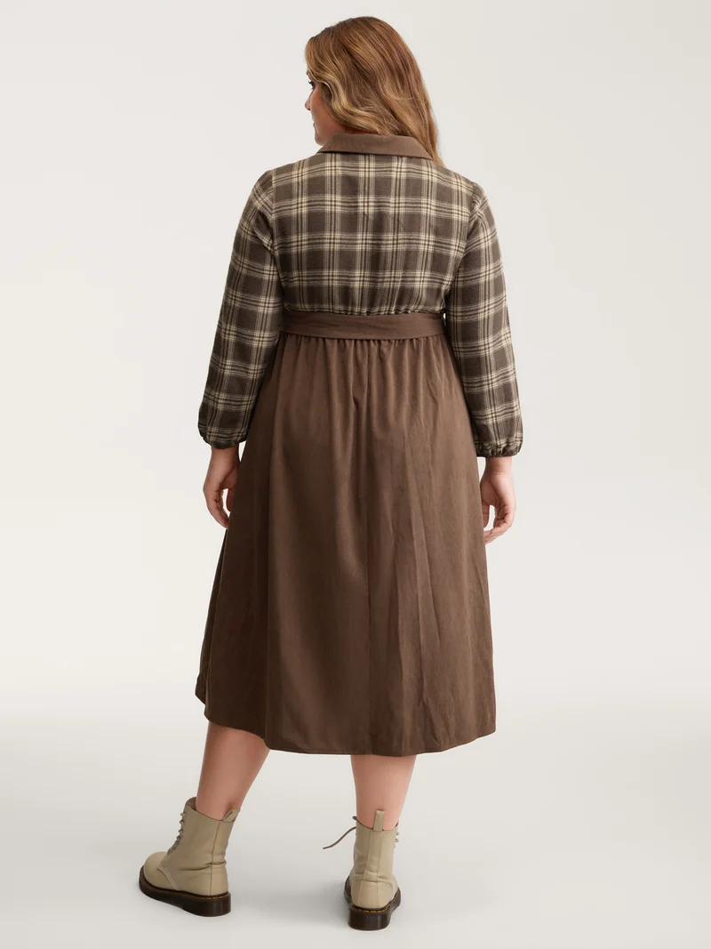 Plaid Pattern Contrast Waist-Tie Midi Dress