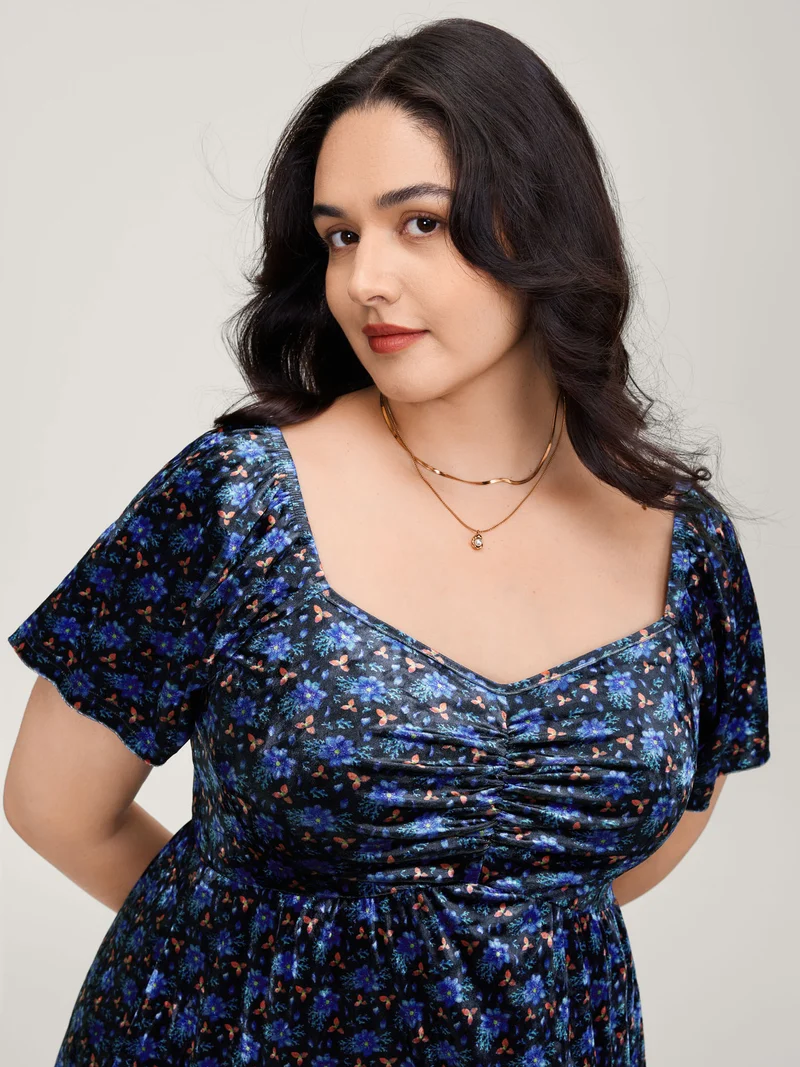 Velvet Floral Gathered Bodice Midi Dress