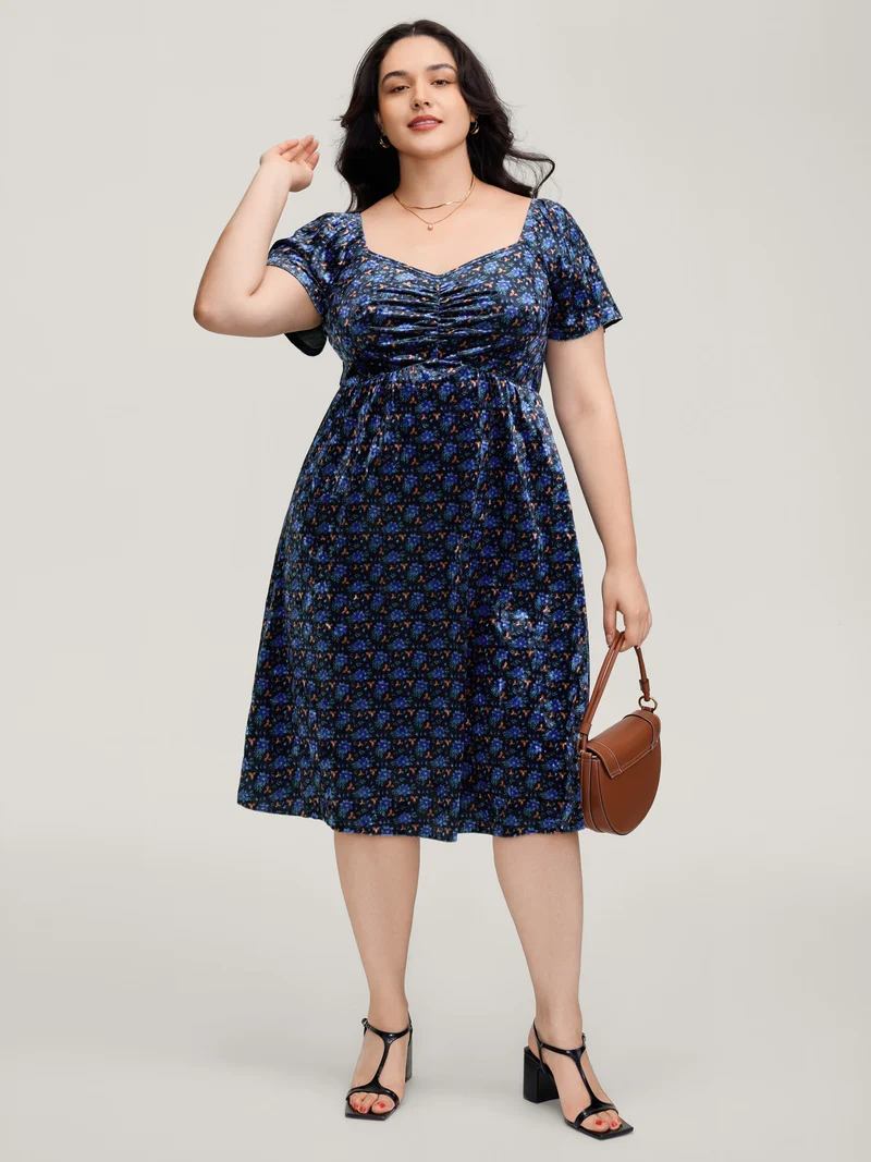 Velvet Floral Gathered Bodice Midi Dress