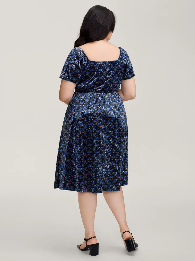 Velvet Floral Gathered Bodice Midi Dress