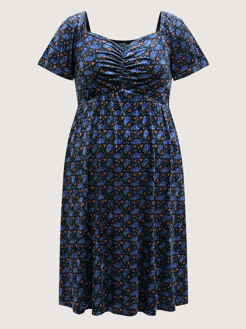 Velvet Floral Gathered Bodice Midi Dress