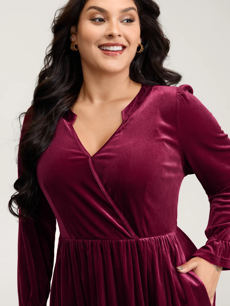 Velvet Pockets Wrap Neck Midi Dress
