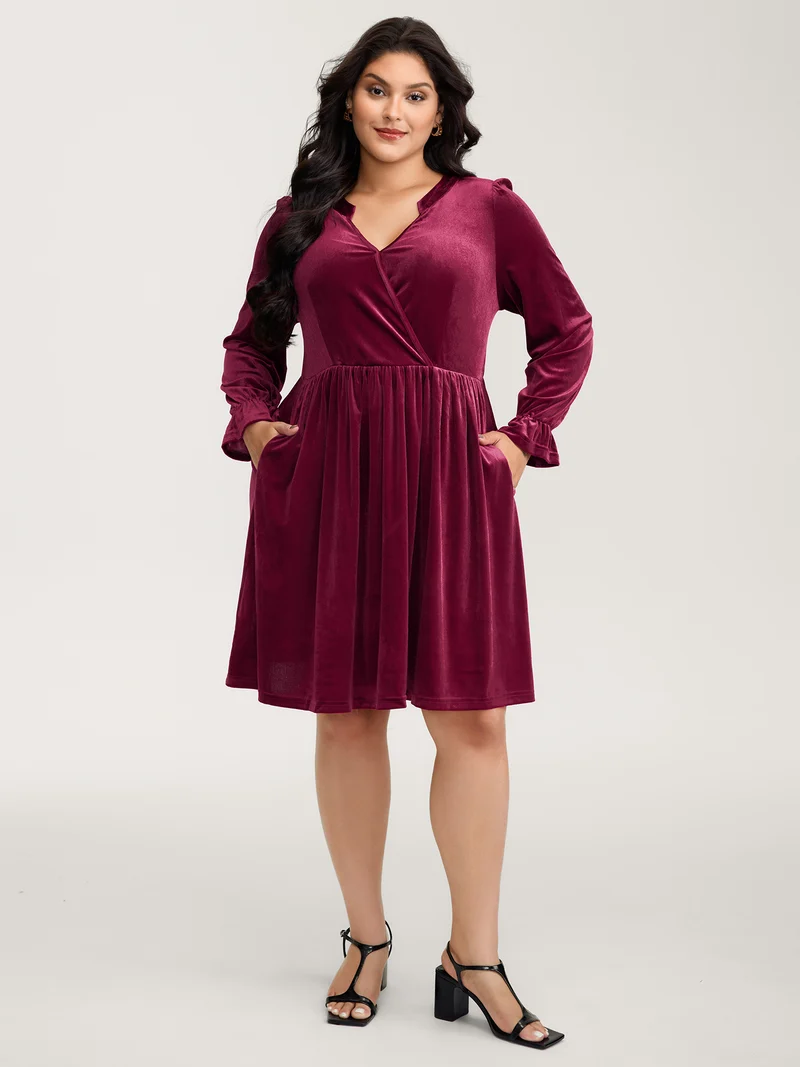 Velvet Pockets Wrap Neck Midi Dress