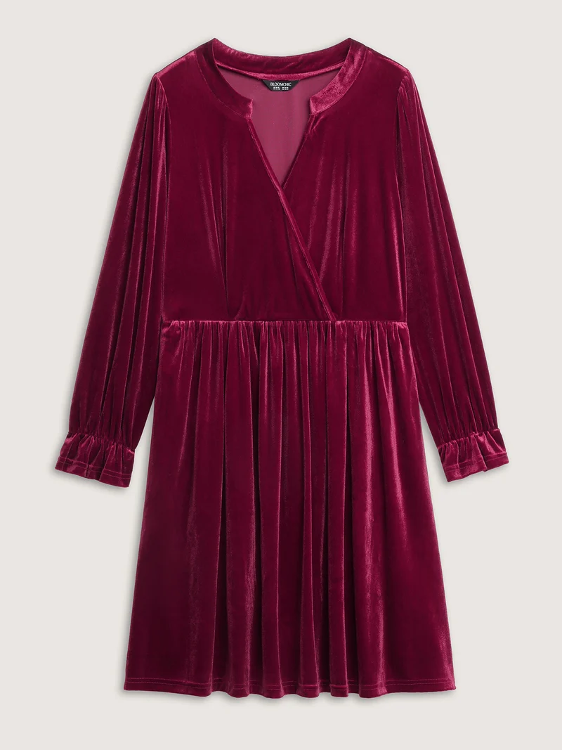 Velvet Pockets Wrap Neck Midi Dress