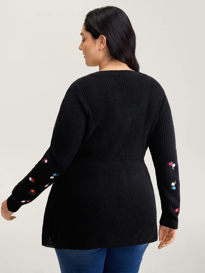 Embroidered Sleeve Stretchy Cinched-Waist Pullover