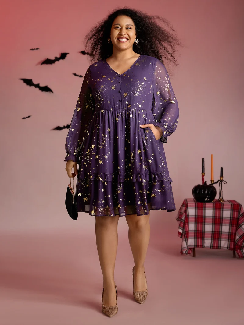 Gold Stamp Lantern Sleeve Ruffled Midi Dress