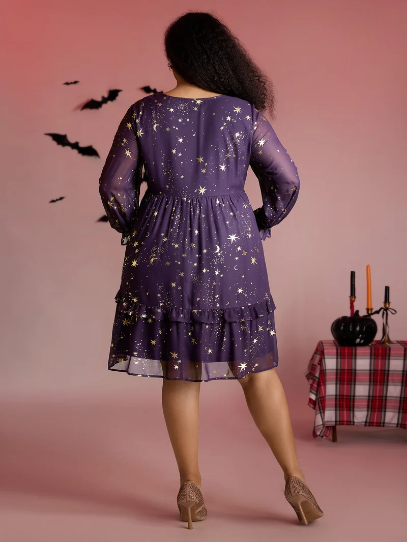 Gold Stamp Lantern Sleeve Ruffled Midi Dress