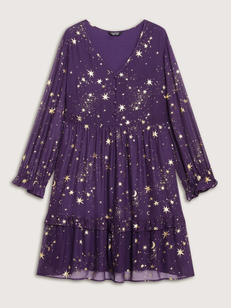 Gold Stamp Lantern Sleeve Ruffled Midi Dress