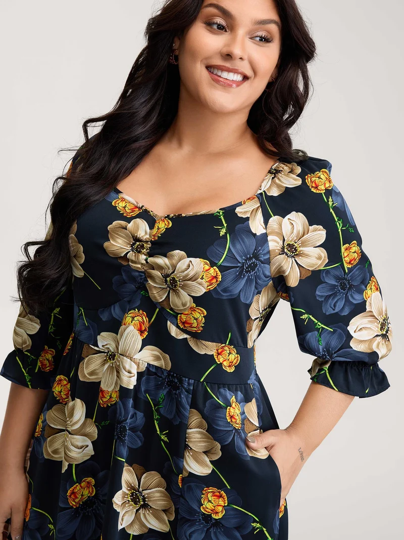 Floral Print Triangular Waist Cinched Midi Dress