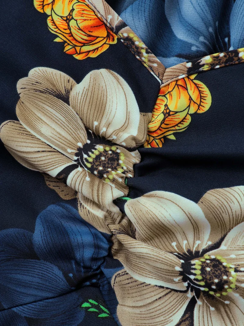 Floral Print Triangular Waist Cinched Midi Dress