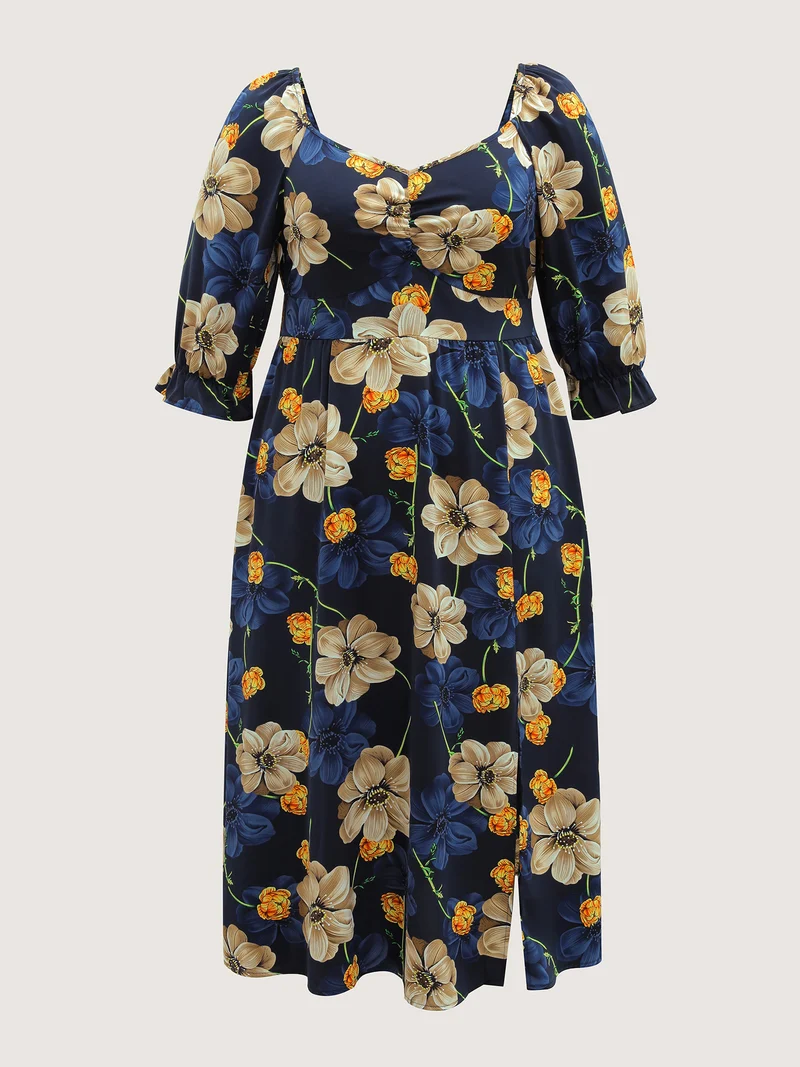 Floral Print Triangular Waist Cinched Midi Dress