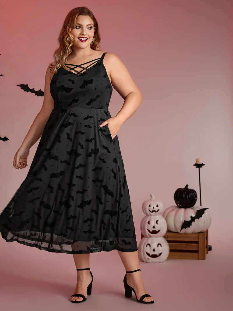 Bat Chilling Print Stretchy Waist Midi Dress