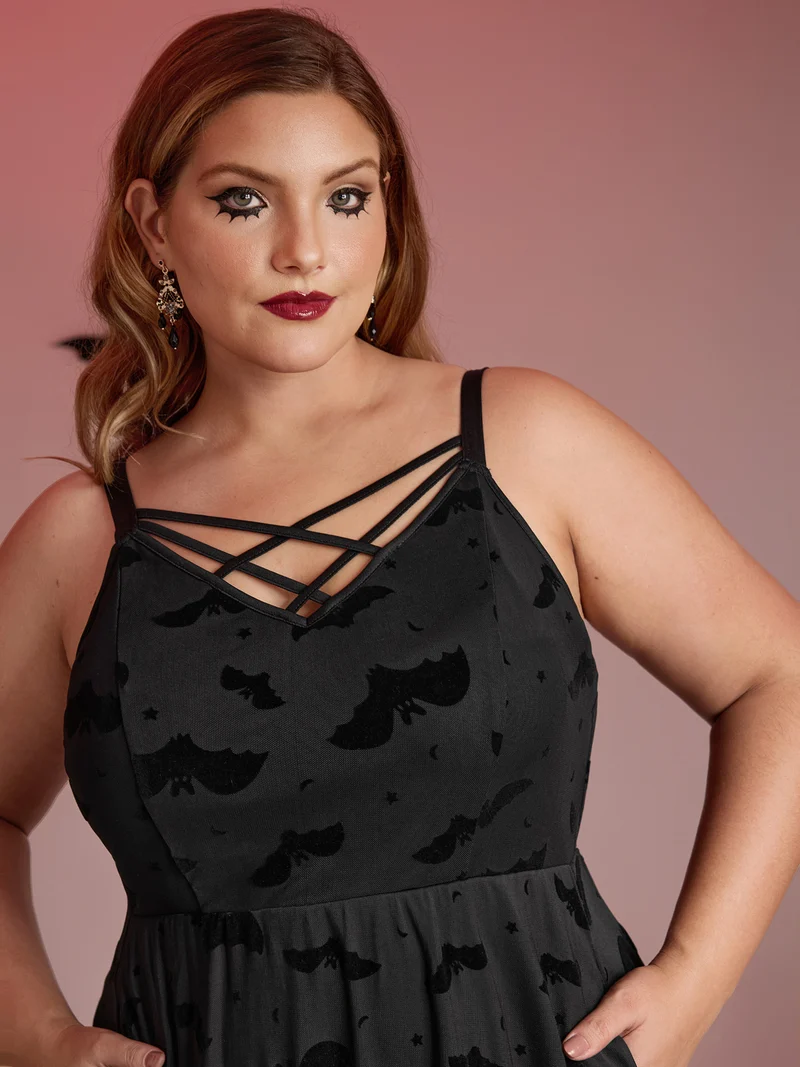 Bat Chilling Print Stretchy Waist Midi Dress