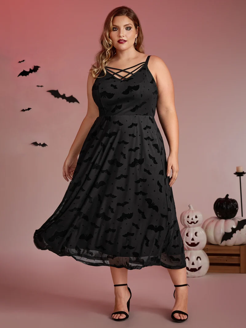 Bat Chilling Print Stretchy Waist Midi Dress