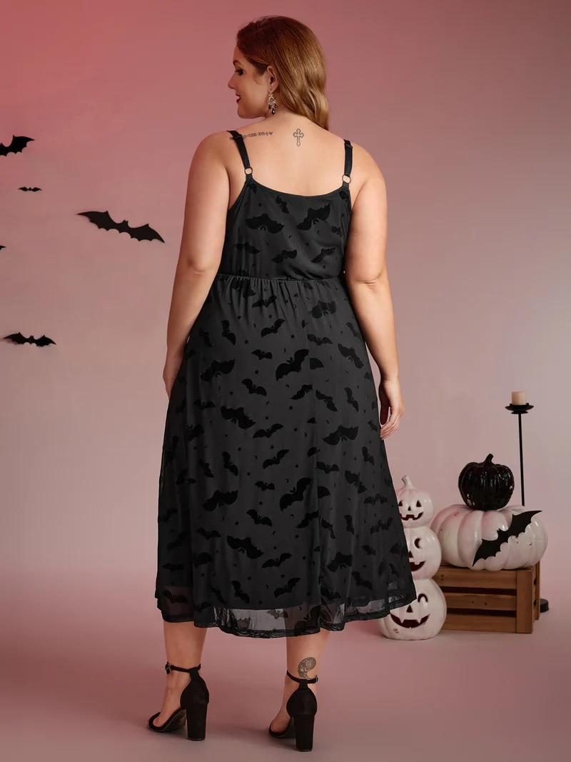 Bat Chilling Print Stretchy Waist Midi Dress
