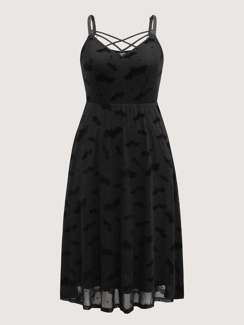 Bat Chilling Print Stretchy Waist Midi Dress