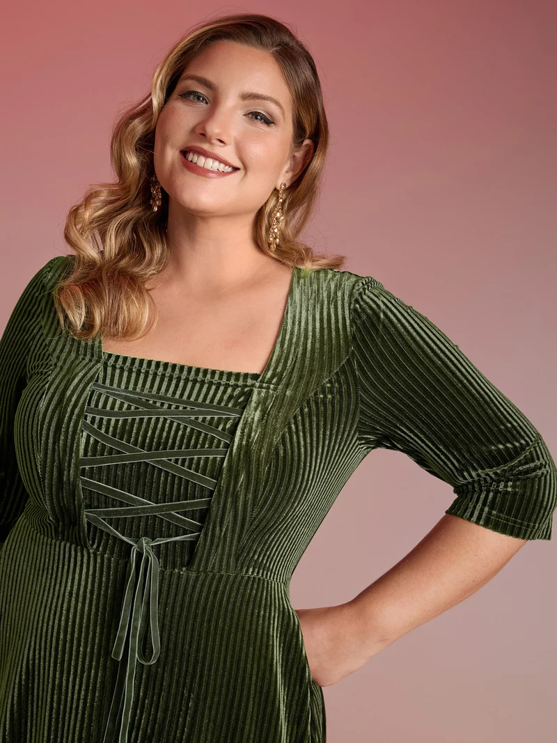 Adjustable Cross-Tie Velvet Stretchy Waist Midi Dress