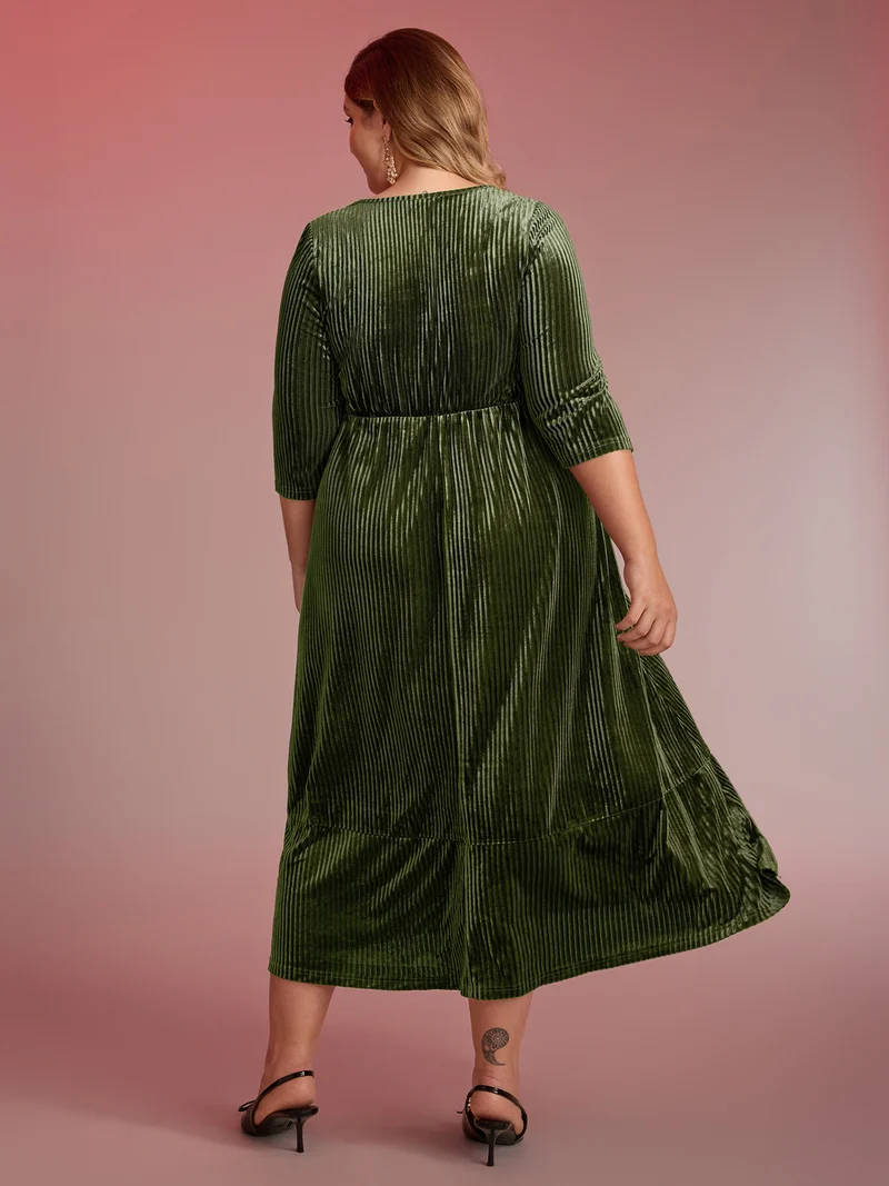 Adjustable Cross-Tie Velvet Stretchy Waist Midi Dress