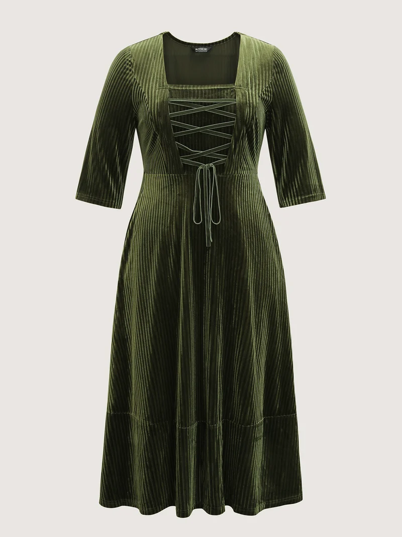 Adjustable Cross-Tie Velvet Stretchy Waist Midi Dress