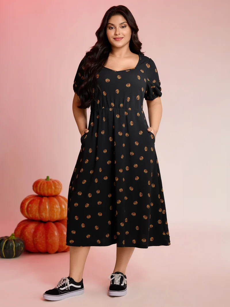 Micro Pumpkin Print Stretchy Midi Dress