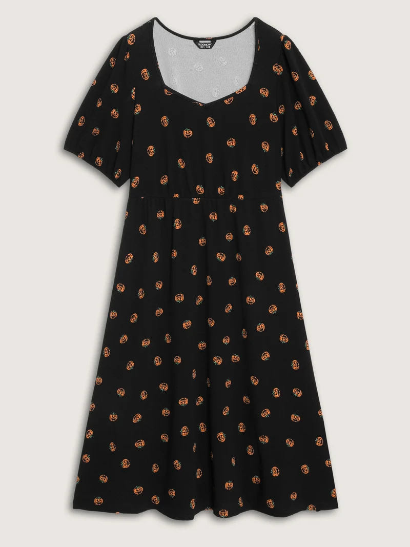 Micro Pumpkin Print Stretchy Midi Dress