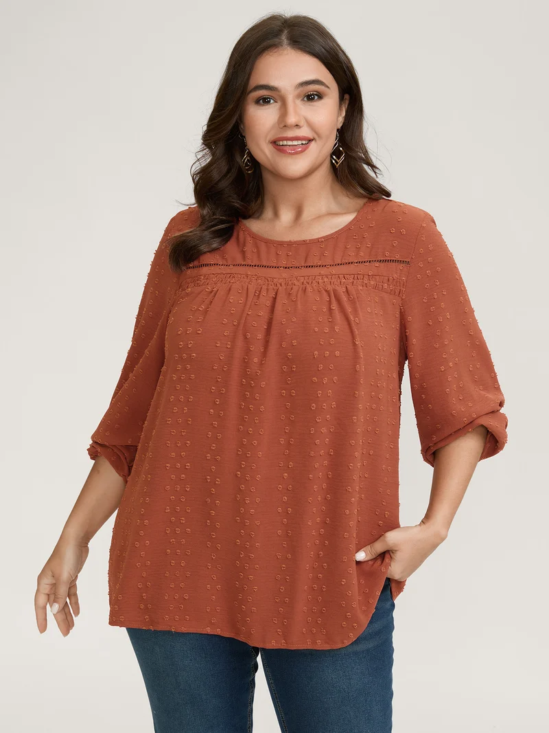 Textured Lace Trim Pleated Neck Blouse