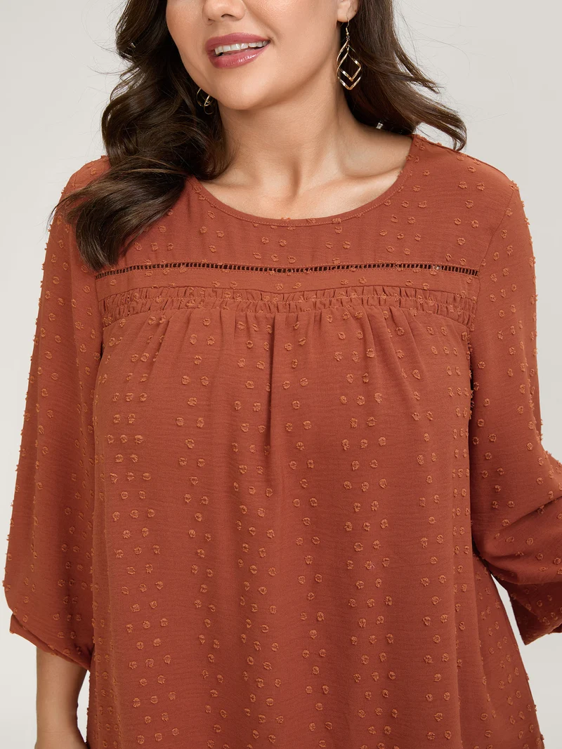 Textured Lace Trim Pleated Neck Blouse