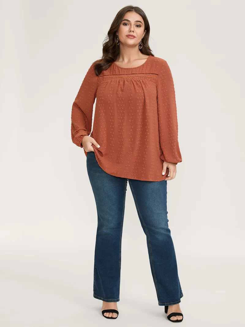 Textured Lace Trim Pleated Neck Blouse