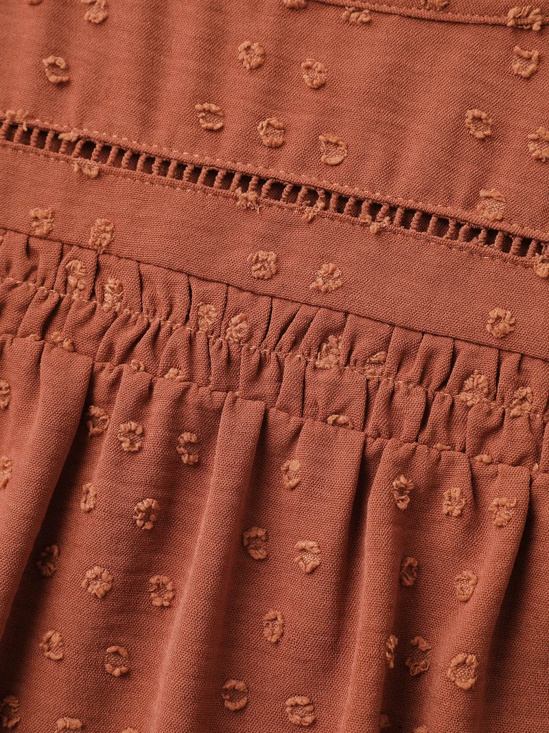 Textured Lace Trim Pleated Neck Blouse