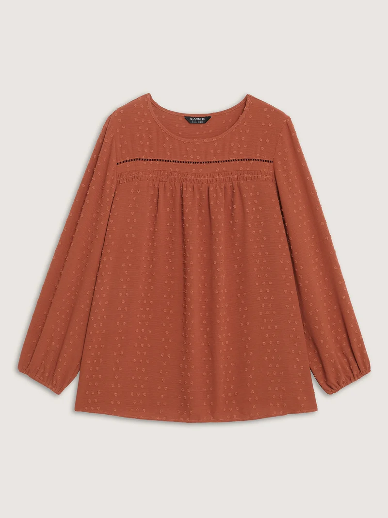 Textured Lace Trim Pleated Neck Blouse