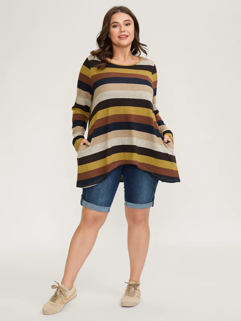 Colorful Stripes Longline Pockets T-Shirt