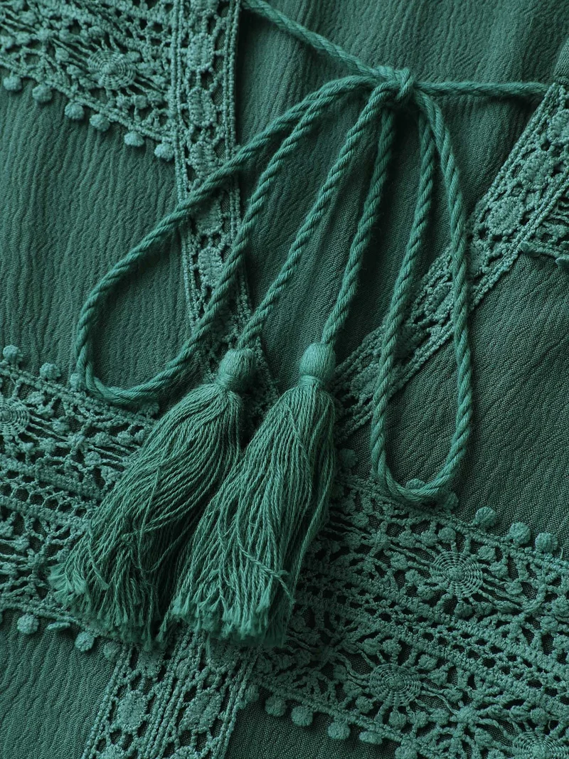 Rayon Lace Tassel Neck-Tie Blouse