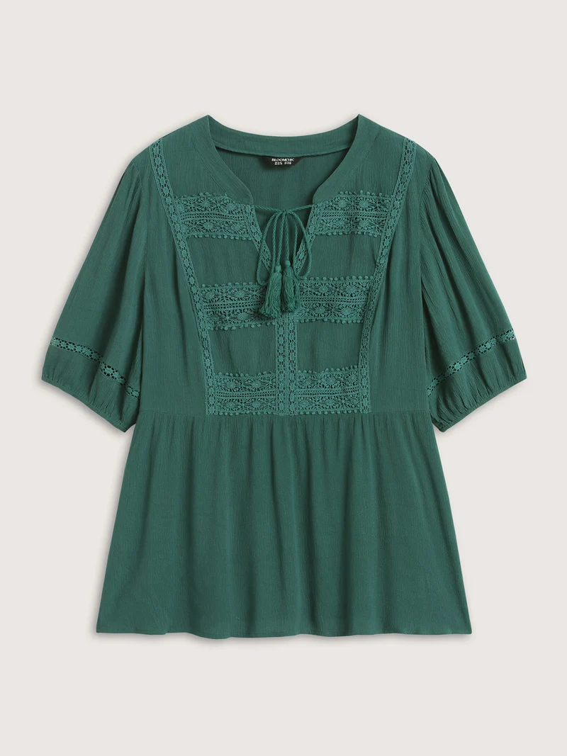Rayon Lace Tassel Neck-Tie Blouse