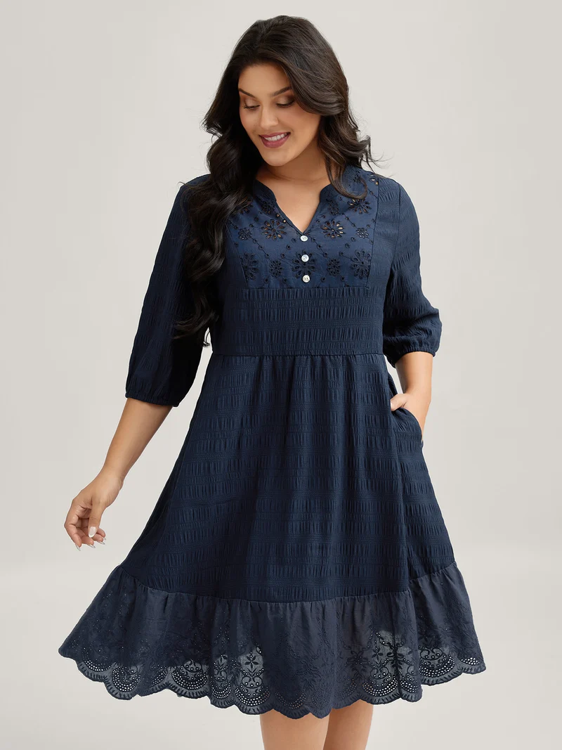 Textured Notched Collar Midi Dress