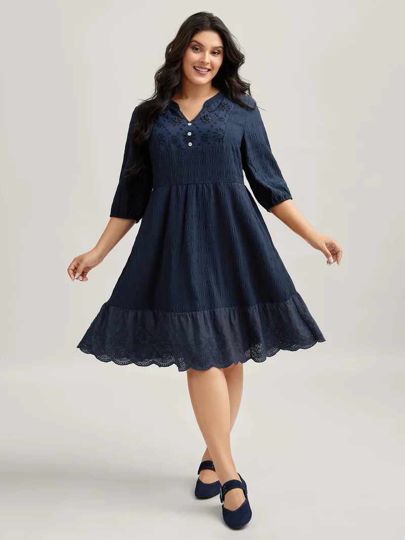 Textured Notched Collar Midi Dress