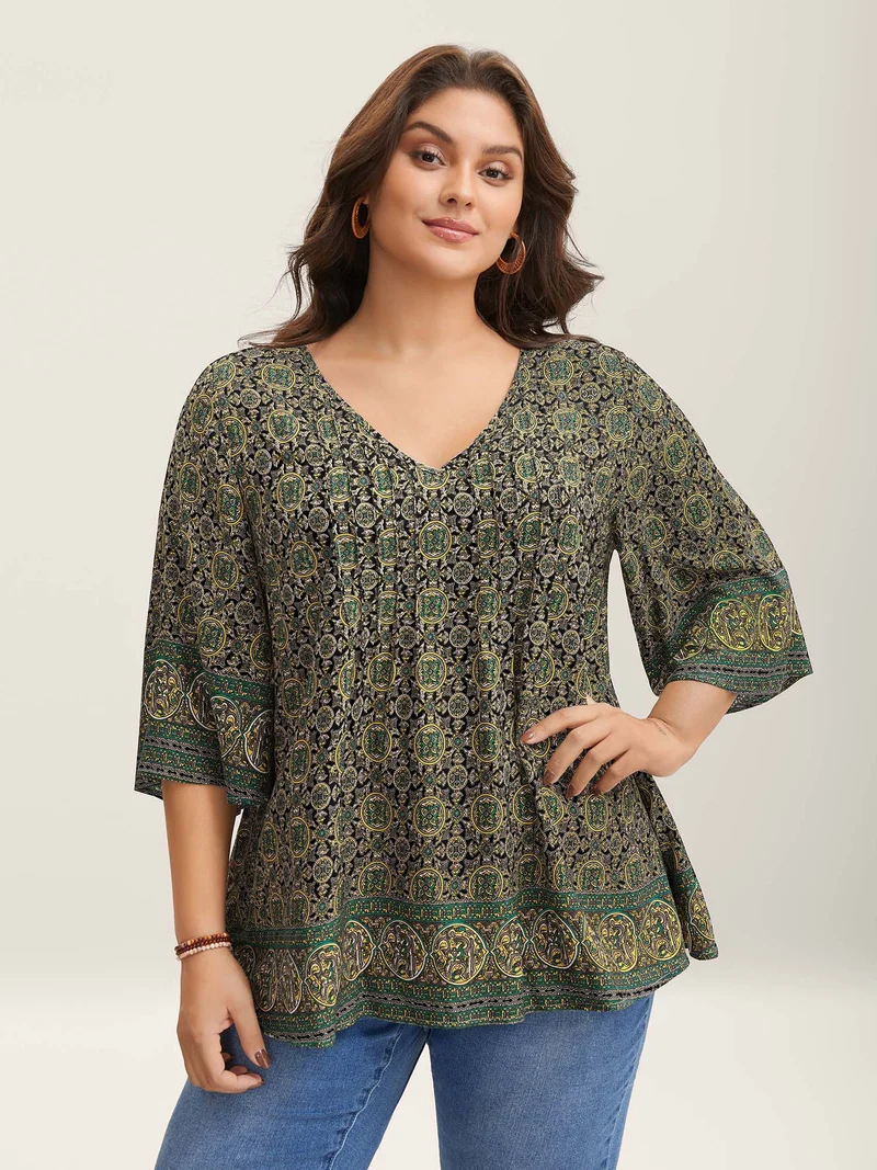 Pin-Tuck Pleat Ornate Print Relaxed Fit Shirt