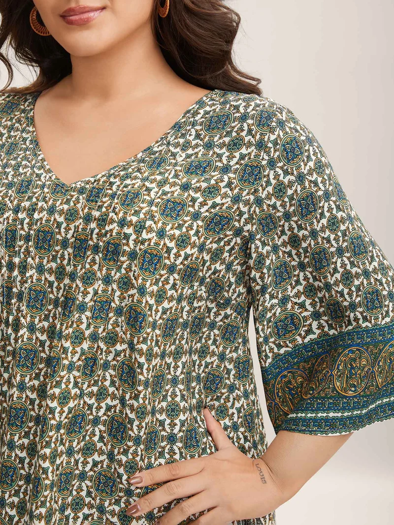 Pin-Tuck Pleat Ornate Print Relaxed Fit Shirt