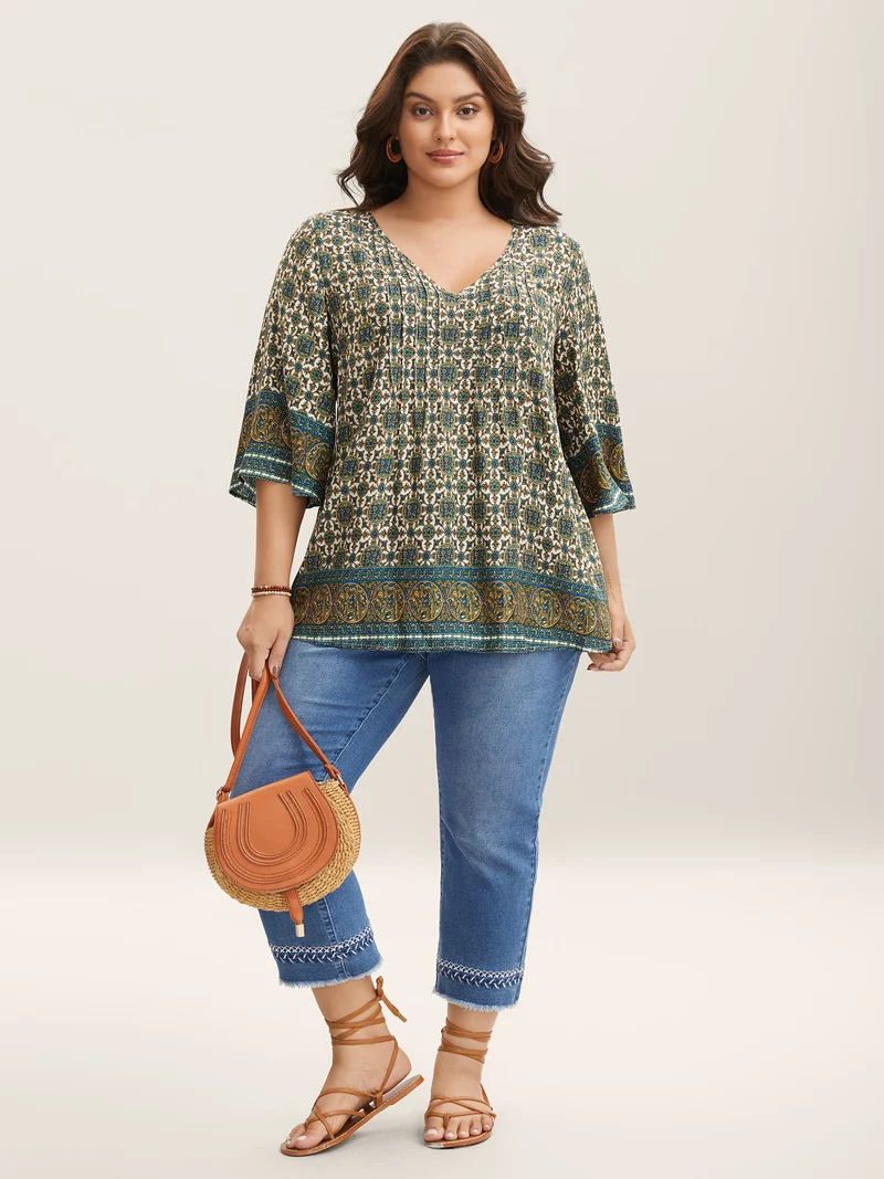 Pin-Tuck Pleat Ornate Print Relaxed Fit Shirt