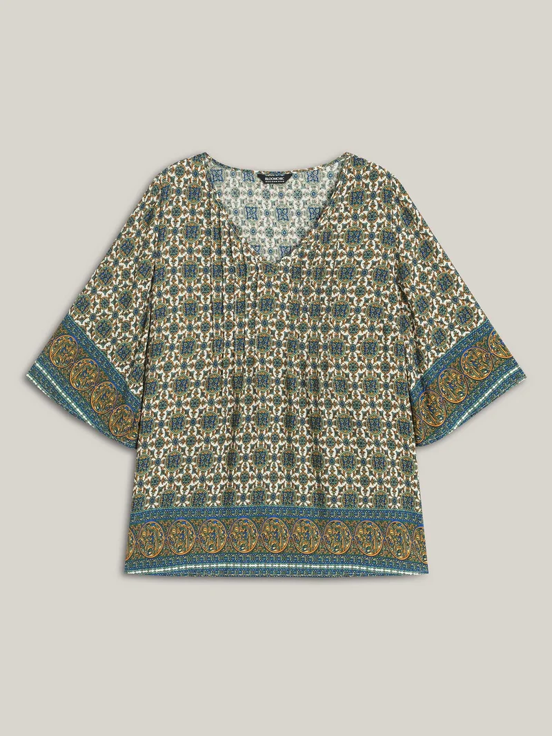 Pin-Tuck Pleat Ornate Print Relaxed Fit Shirt
