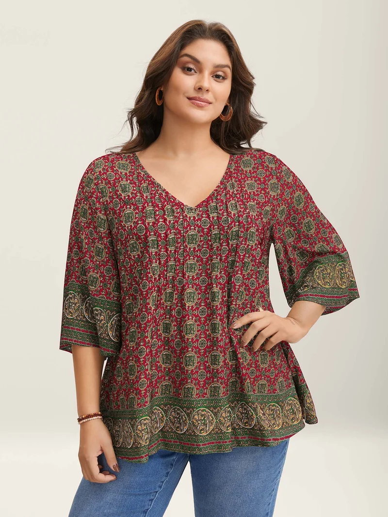 Pin-Tuck Pleat Ornate Print Relaxed Fit Shirt
