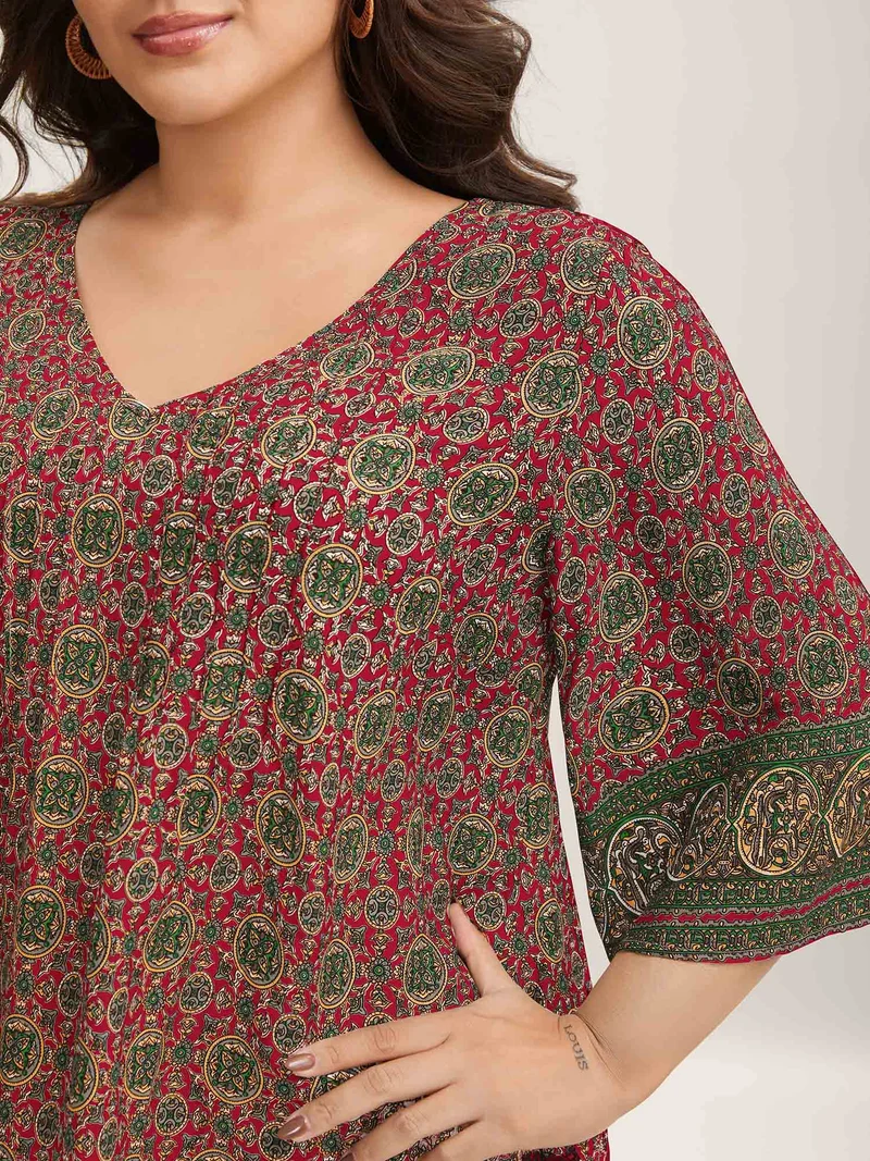 Pin-Tuck Pleat Ornate Print Relaxed Fit Shirt