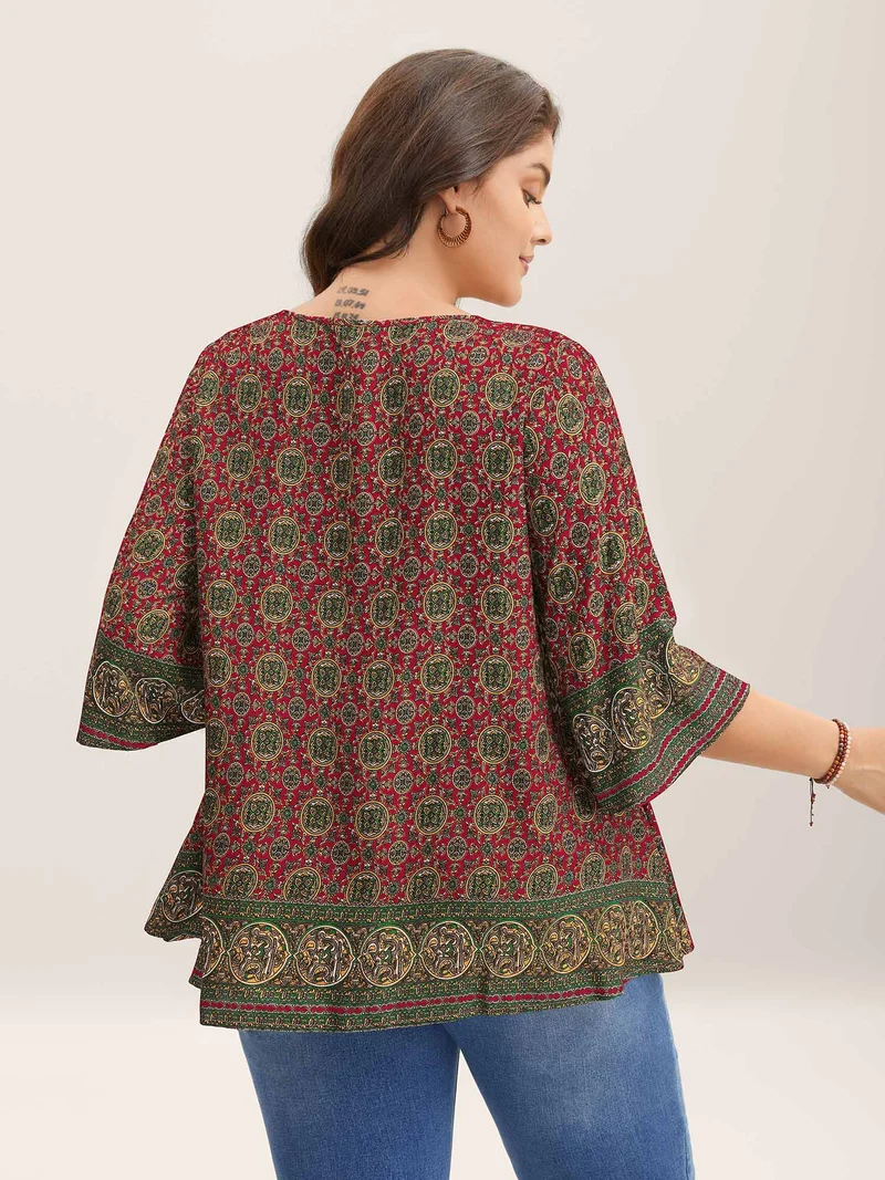 Pin-Tuck Pleat Ornate Print Relaxed Fit Shirt