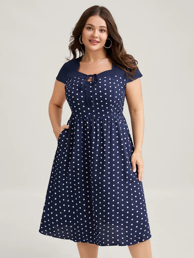 Polka Dots Stretchy Waist Pockets Midi Dress