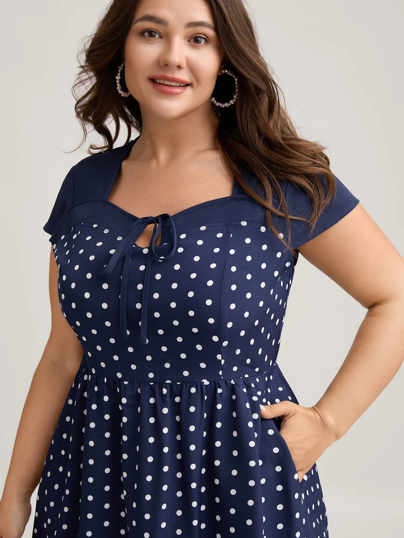Polka Dots Stretchy Waist Pockets Midi Dress