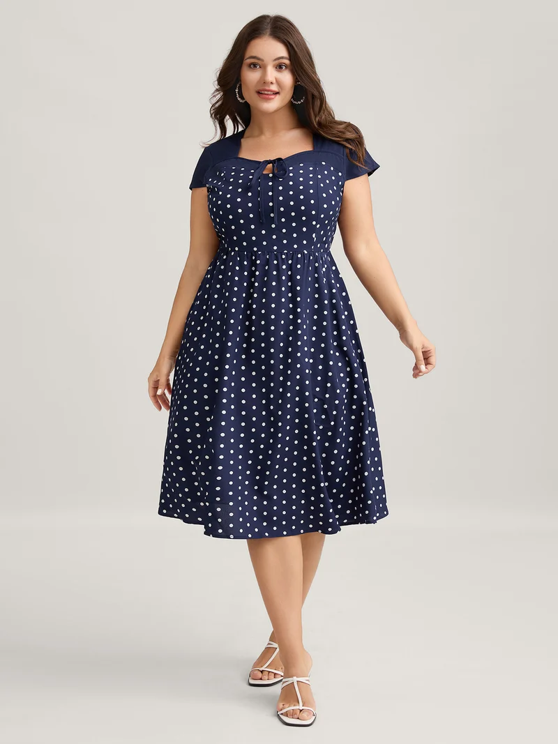 Polka Dots Stretchy Waist Pockets Midi Dress