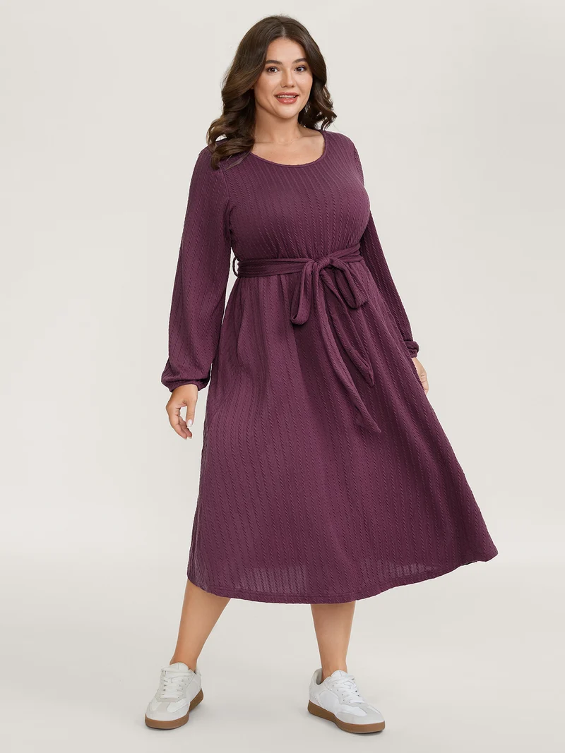 Textured Stretchy Waist-Tie Midi Dress