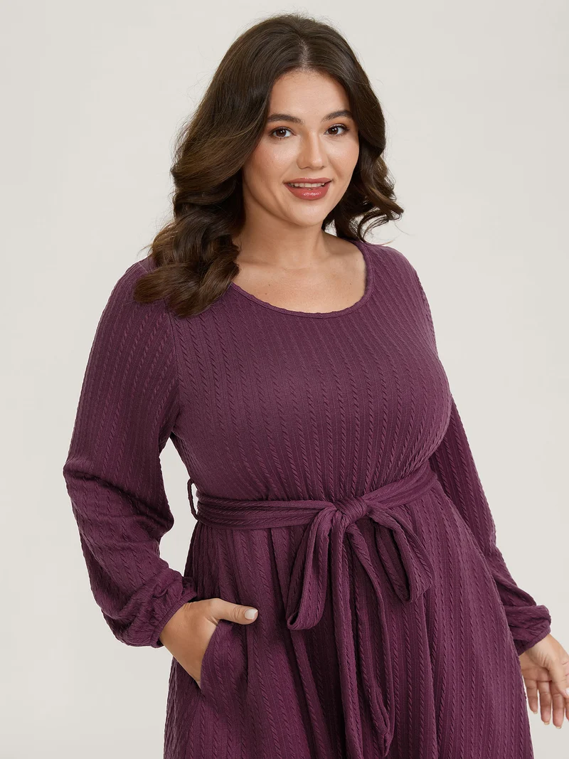 Textured Stretchy Waist-Tie Midi Dress