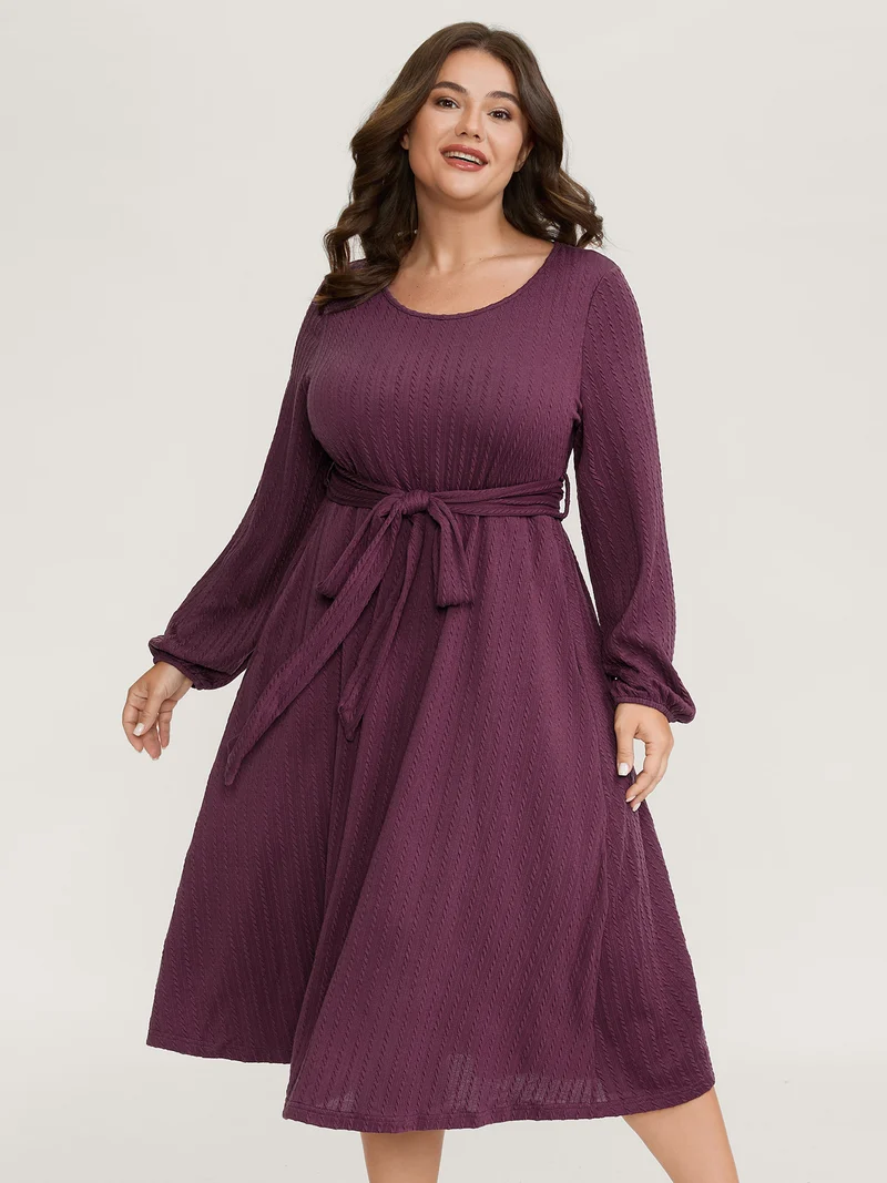 Textured Stretchy Waist-Tie Midi Dress